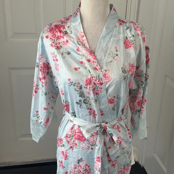 NWT! Luxe Flora by Flora Nikrooz Satiny Floral Peony Wrap Robe – Medium - Divine - Picture 9 of 9